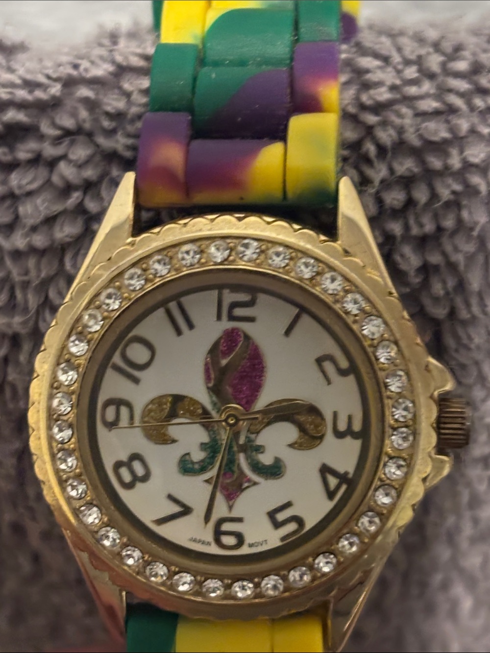 Gold-Tone Women's Watch with Multicolor Fleur-de-Lis Silicone Band